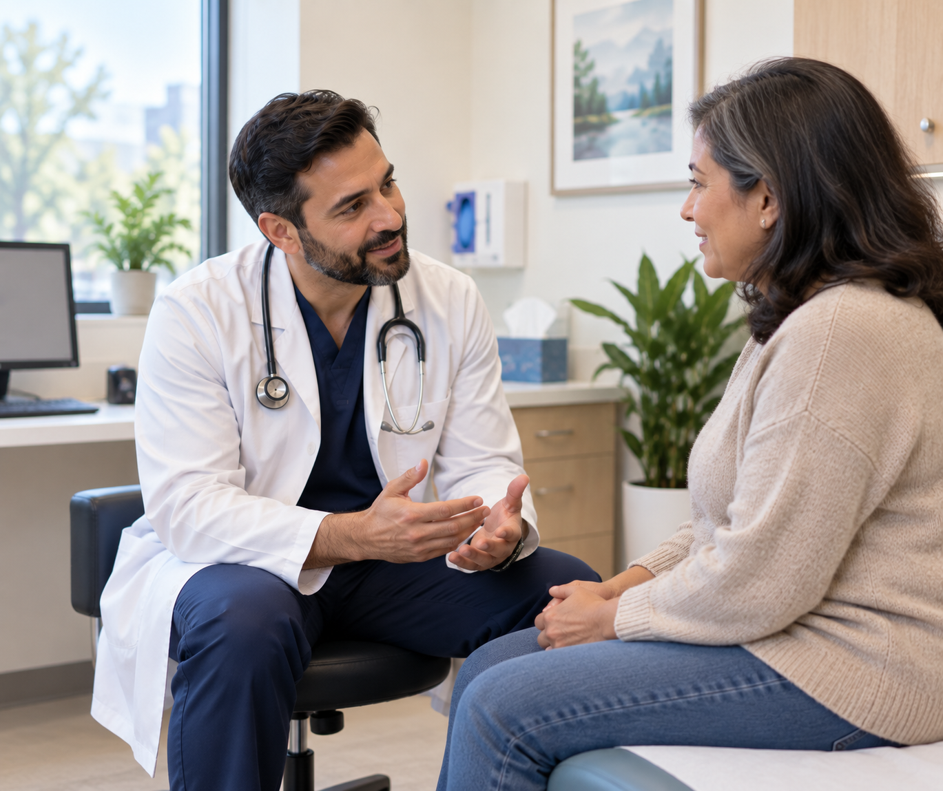 A clinician talking with a patient in a consultation room
