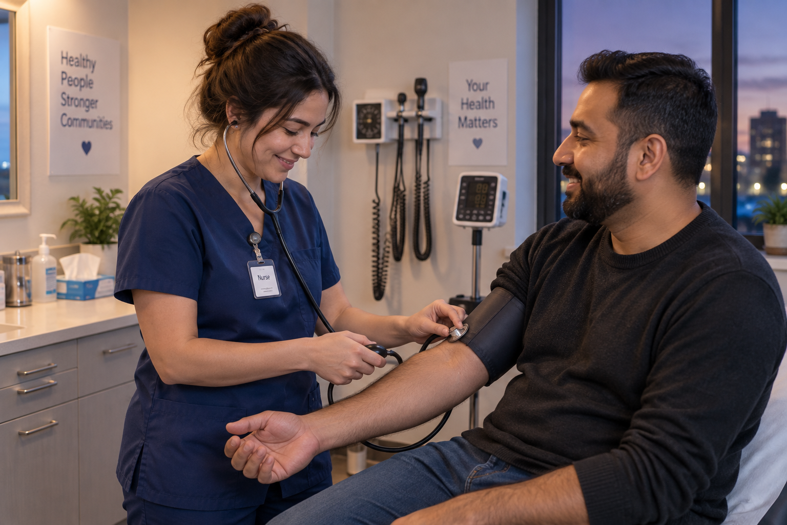 A nurse taking a patient's blood pressure
