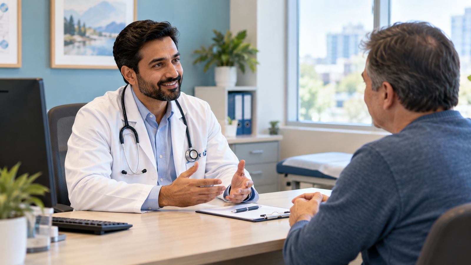 A physician talking with a patient in a consultation room