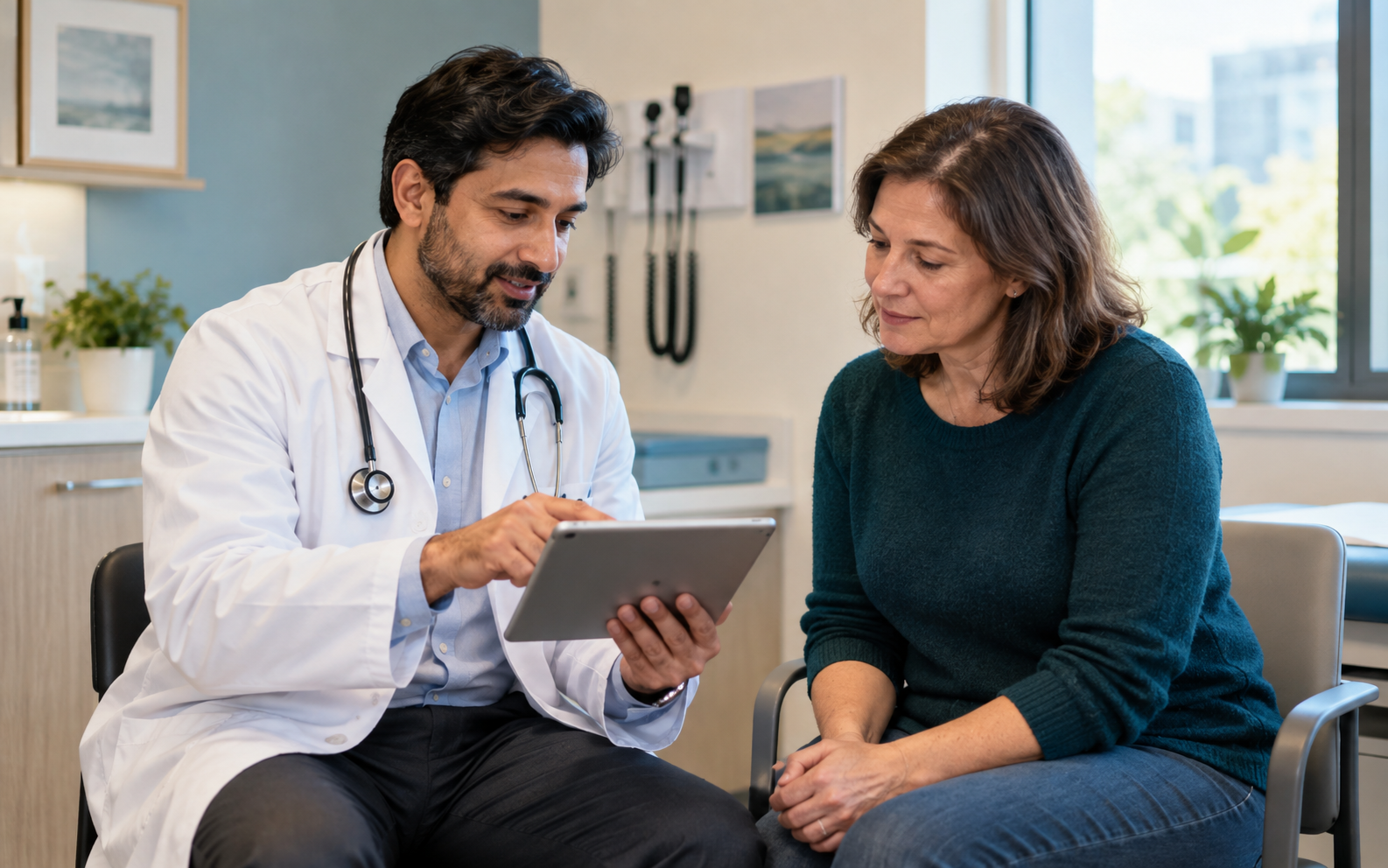 A clinician reviewing notes with a patient