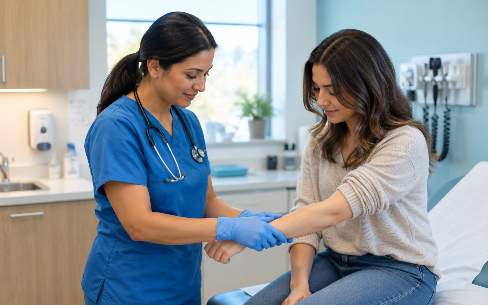 A nurse examining a patient's arm