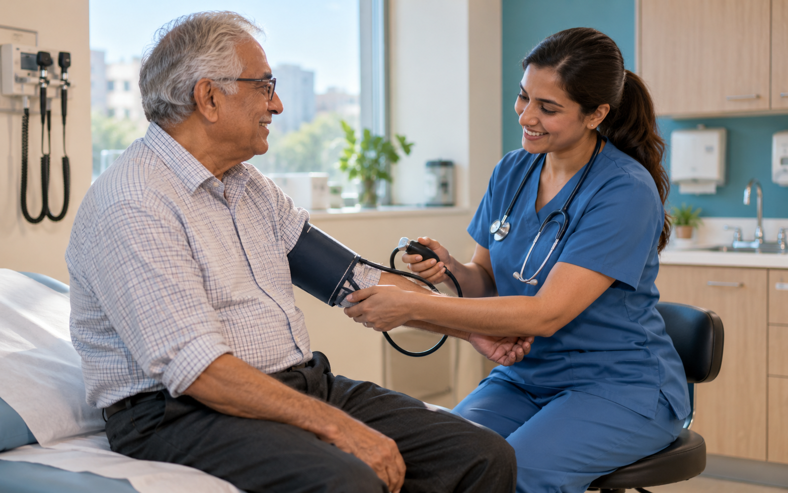 A patient having their blood pressure checked