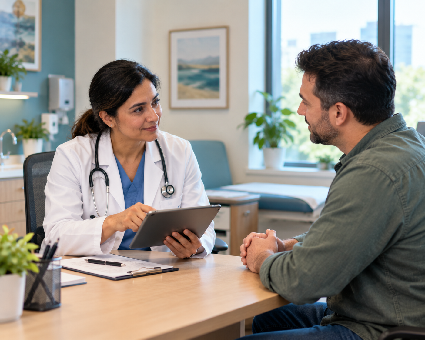 A clinician going through a patient's history at a first appointment