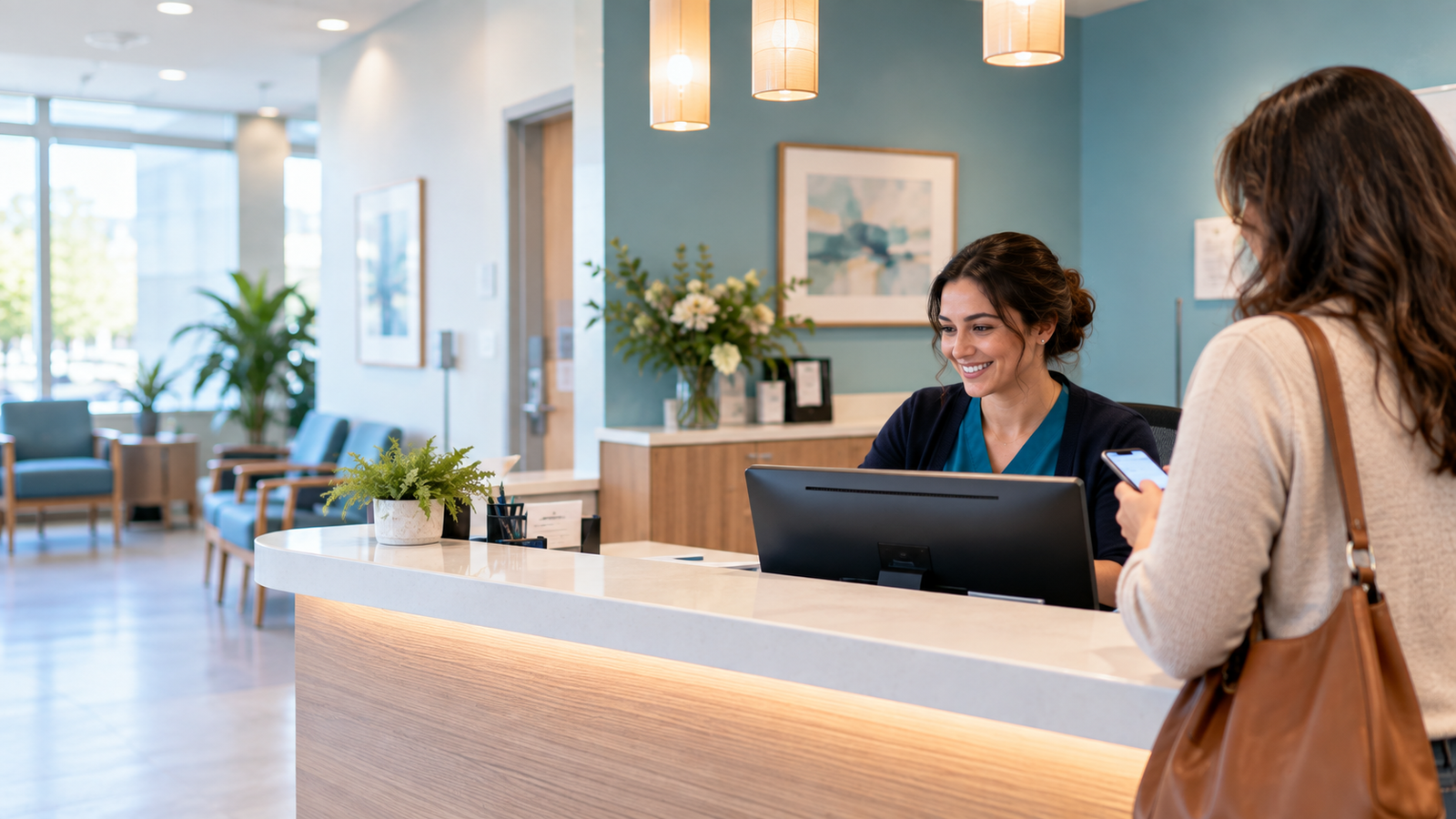 A receptionist booking an appointment at the clinic front desk