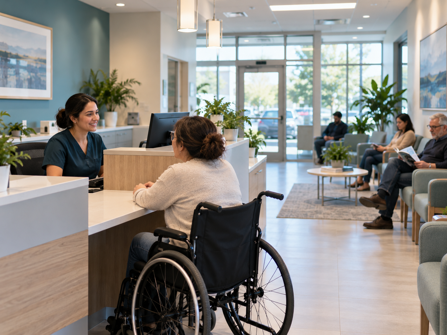 The clinic reception desk and waiting area